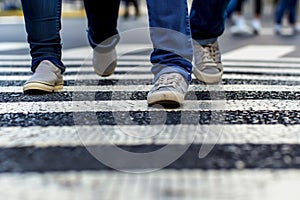 closeup of pedestrians feet at zebra crossing