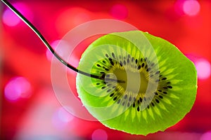 Closeup of Peeled Green Kiwi Fruit Slice on Fork