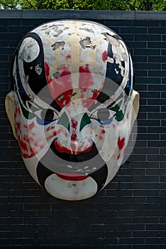 peking opera mask on brick wall background