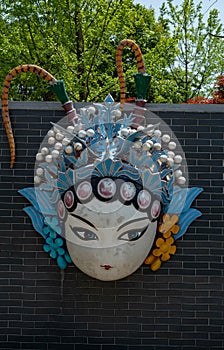 peking opera mask on brick wall background