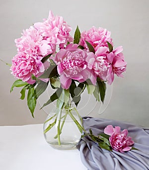 Closeup of peony flowers, fluffy pink peonies flowers, peony bunch in vase on the table