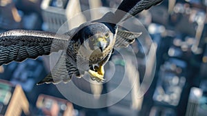 Closeup of a peregrine falcon swooping down from the top of a skyser its powerful wings spread wide as it hunts for food