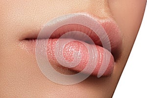 Closeup perfect natural lip makeup. Beautiful plump full lips on female face. Clean skin, fresh make-up. Spa tender lips