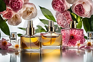 Closeup of perfumes with flowers background.