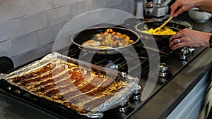 Closeup of a person cooking eggs and ham on pans under the lights in the kitchen