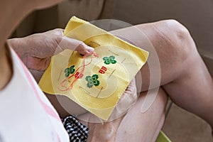 Closeup on person embroidering cross stitch with needle and thread