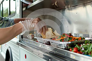 closeup of a person handing out food from a blank food truck