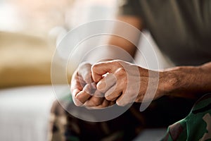 Closeup of person hands, anxiety and mental health problem, therapy and psychology with trauma. Fear, crisis and stress