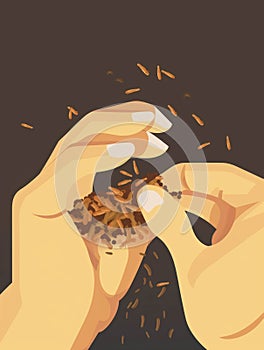 A closeup of a person popping a mealworm into their mouth. AI generation