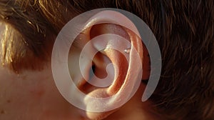 A closeup of a persons ear shows a tiny hearing aid implanted just behind the earlobe. The device blends seamlessly with photo