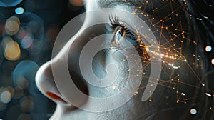 A closeup of a persons face showing their eyes closed in concentration as they navigate a virtual interface with their