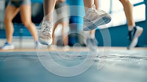 A closeup of a persons feet as they perform a series of jumps and squats in a boutique fitness class focused on