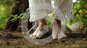 A closeup of a persons feet rooted firmly on the ground in a Tai Chi stance symbolizing the connection to the earth and