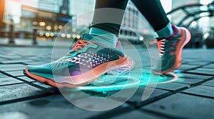 A closeup of a persons foot with a smart shoe up. The shoe has builtin sensors that track steps distance and pace while
