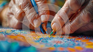 A closeup of a persons hands delicately shading in intricate patterns with premium colored pencils