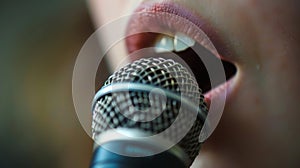 A closeup of a persons mouth with a microphone sped to face. As they speak and make different mouth movements the photo