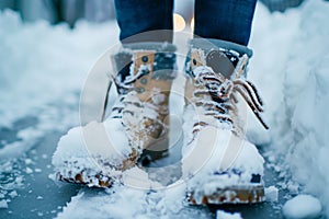 closeup of a persons snowcovered boots