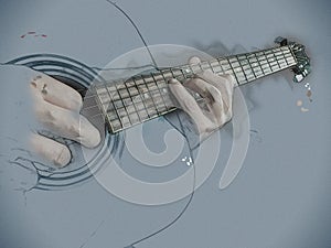 Closeup photo of an acoustic guitar played by a man.