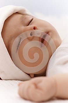 Closeup photo of adorable newborn baby