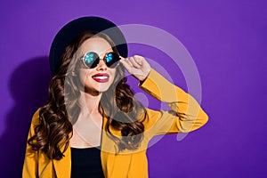 Closeup photo of amazing lady looking far away wear stylish hat yellow costume isolated purple background