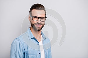 Closeup photo of amazing macho guy friendly smiling colleagues partners young promoted chief wear specs casual denim photo