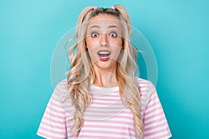 Closeup photo of attractive blonde wavy hair youngster girl surprised reaction crazy sale season start tomorrow isolated
