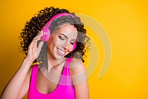 Closeup photo of attractive cute lady wavy hairdo listen earphones hit fm popular song overjoyed dreamy eyes closed wear