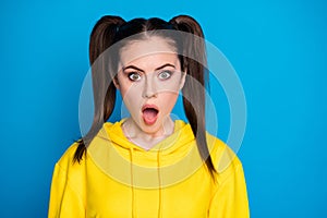Closeup photo of attractive shocked lady funny two tails hairdo open mouth watch news quarantine continue wear casual