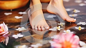 Closeup photo of a beautiful female feet at spa salon on pedicure procedure. Generative AI