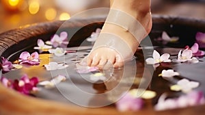 Closeup photo of a beautiful female feet at spa salon on pedicure procedure. Generative AI