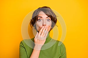 Closeup photo of beautiful lady close mouth arm eyes full of fear terrified expression said bad wrong thing wear casual