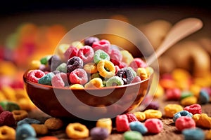 Closeup photo of a bowl of muesli, multi-colored cereals, healthy food. Generative AI