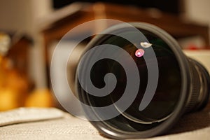 Photo camera lens closeup.