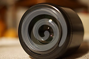 Photo camera lens closeup.