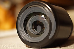 Photo camera lens closeup.