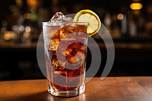 Closeup Photo Captures Refreshing Cola Soda Drink In Glass, Complete With Lemon Slice And Ice Cubes