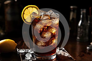 Closeup Photo Captures Refreshing Cola Soda Drink In Glass, Complete With Lemon Slice And Ice Cubes