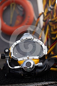 Closeup photo of commercial diving helmet