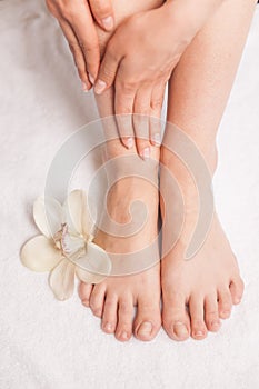 Closeup photo of female feet at spa salon on pedicure procedure.