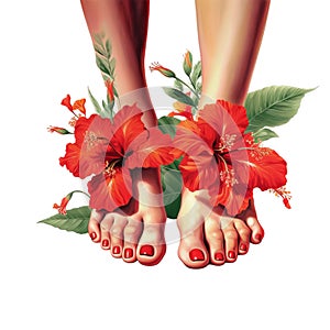 Closeup photo of female feet with white pedicure on nails. Spa. Foot care concept