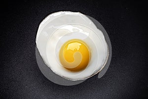 Closeup photo of fried egg on the pan surface