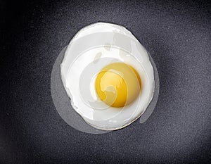 Closeup photo of fried egg on the pan surface