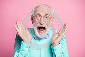 Closeup photo of funky crazy grandpa hands raised up see discount low shopping prices wear specs mint shirt suspenders photo