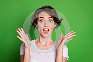 Closeup photo of funny attractive cheerful lady wavy bobbed hairdo raise arms up listen amazing good news wear casual