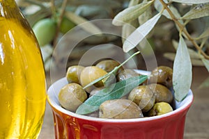 Closeup photo of green olives in a red bowl next to an olive oil bottle and together with an olive tree leaf