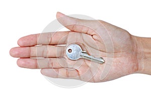 Closeup photo of hand holding keys, isolated on white background