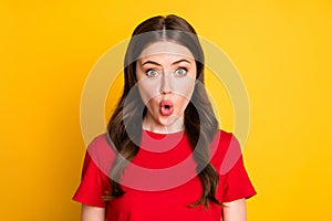 Closeup photo of lady shocked listen news stupor wear casual red t-shirt top isolated vibrant yellow color background