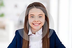 Closeup photo of little pretty student school girl sitting desk social distancing quarantine continue studying comfort 1