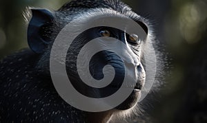 closeup photo of mangabey on blurry bokeh jungle background. Generative AI