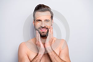 Closeup photo of metrosexual macho man guy hands touch perfect stubble hair look mirror masculine body groomed